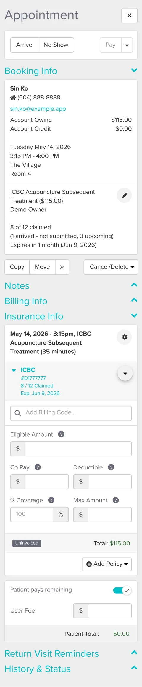 Updated appointment view with session usage, expiry and extension details highlighted