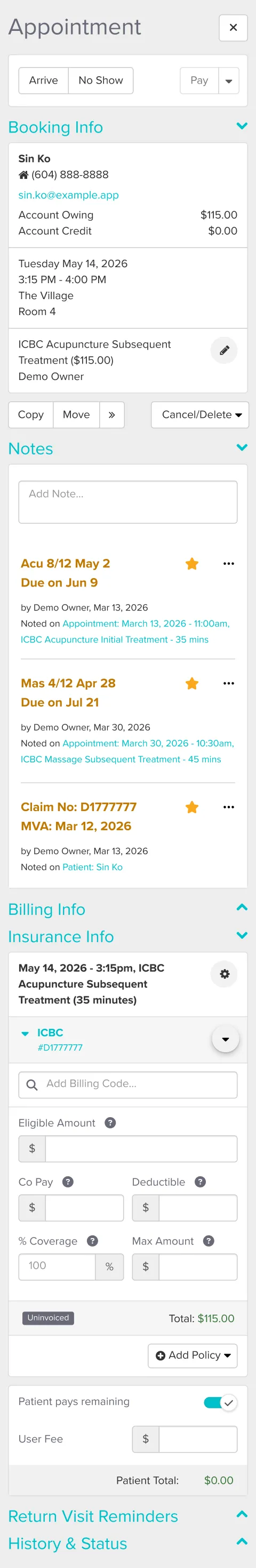 Original appointment view with notes and the task-menu reminder highlighted