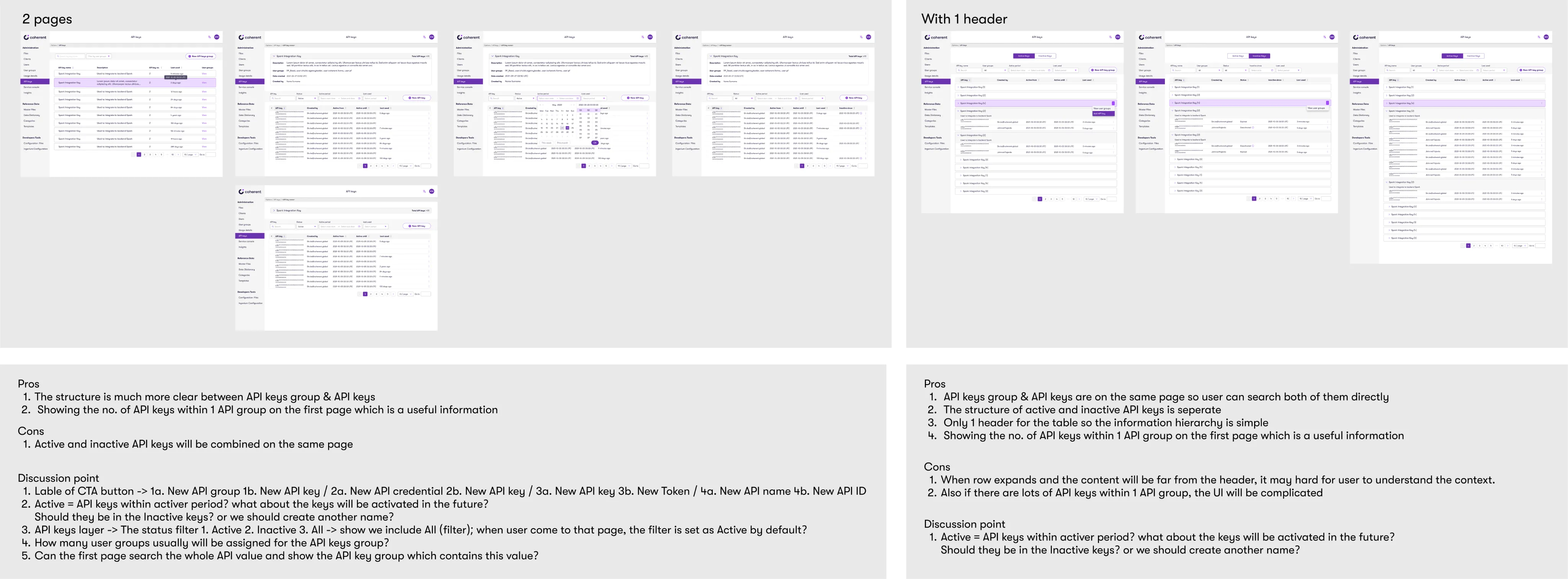 Two structure options side by side: one page with groups and keys, or a group list leading to key management